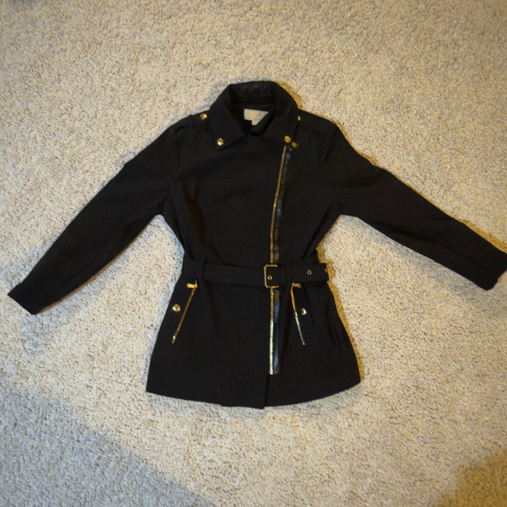 MICHAEL Michael Kors Black Trench Coat with Gold Accents
